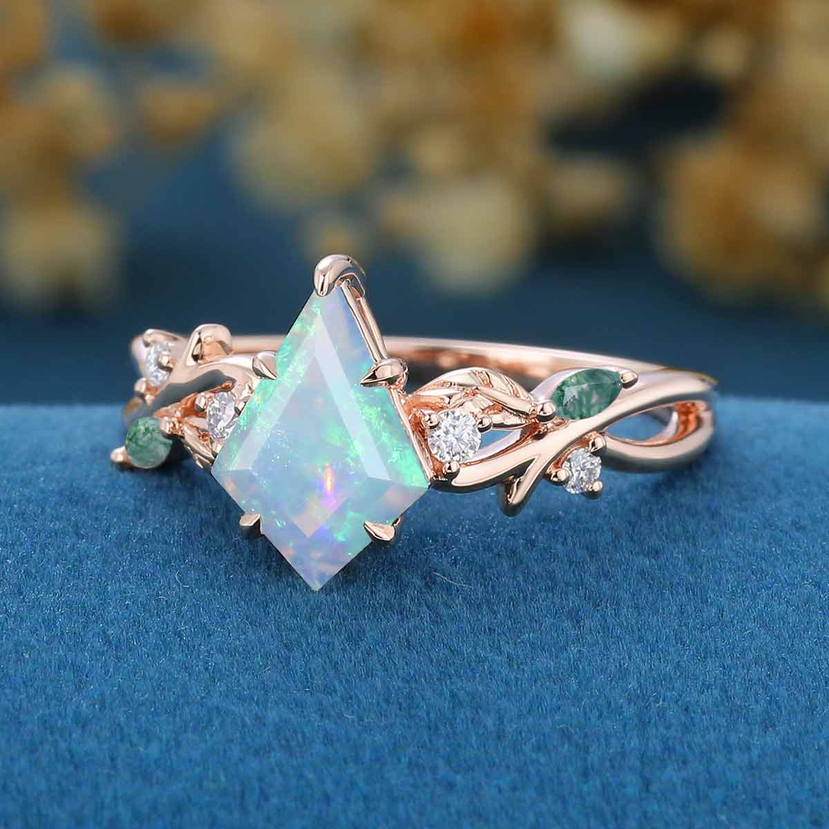 Nature inspired Kite Opal engagement ring & Moss agate ring