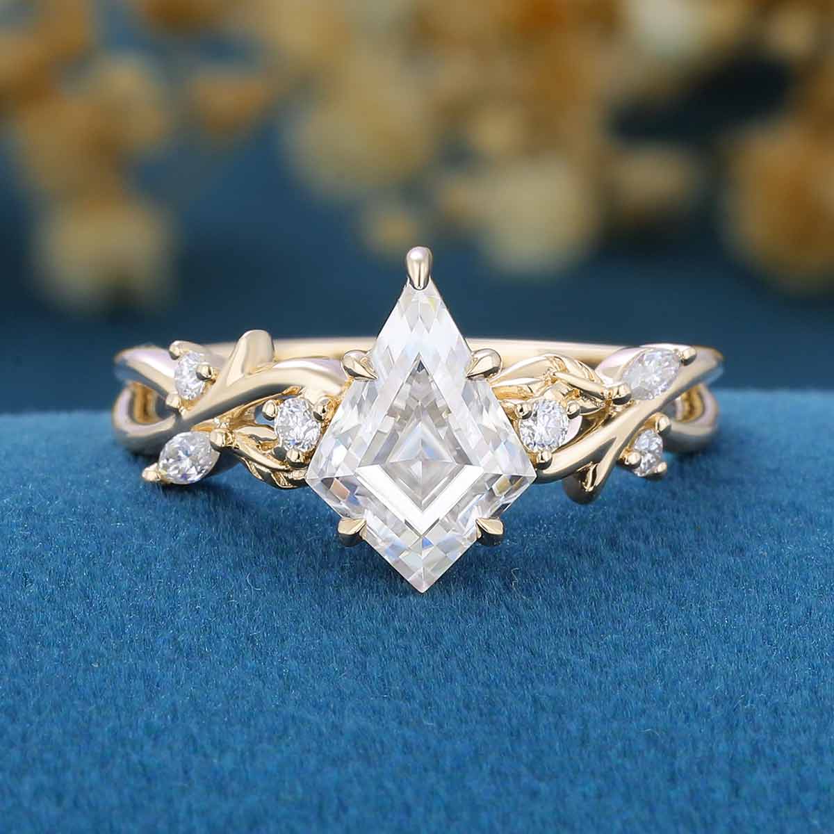 Nature inspired Kite cut Moissanite Engagement Ring leaf branch design
