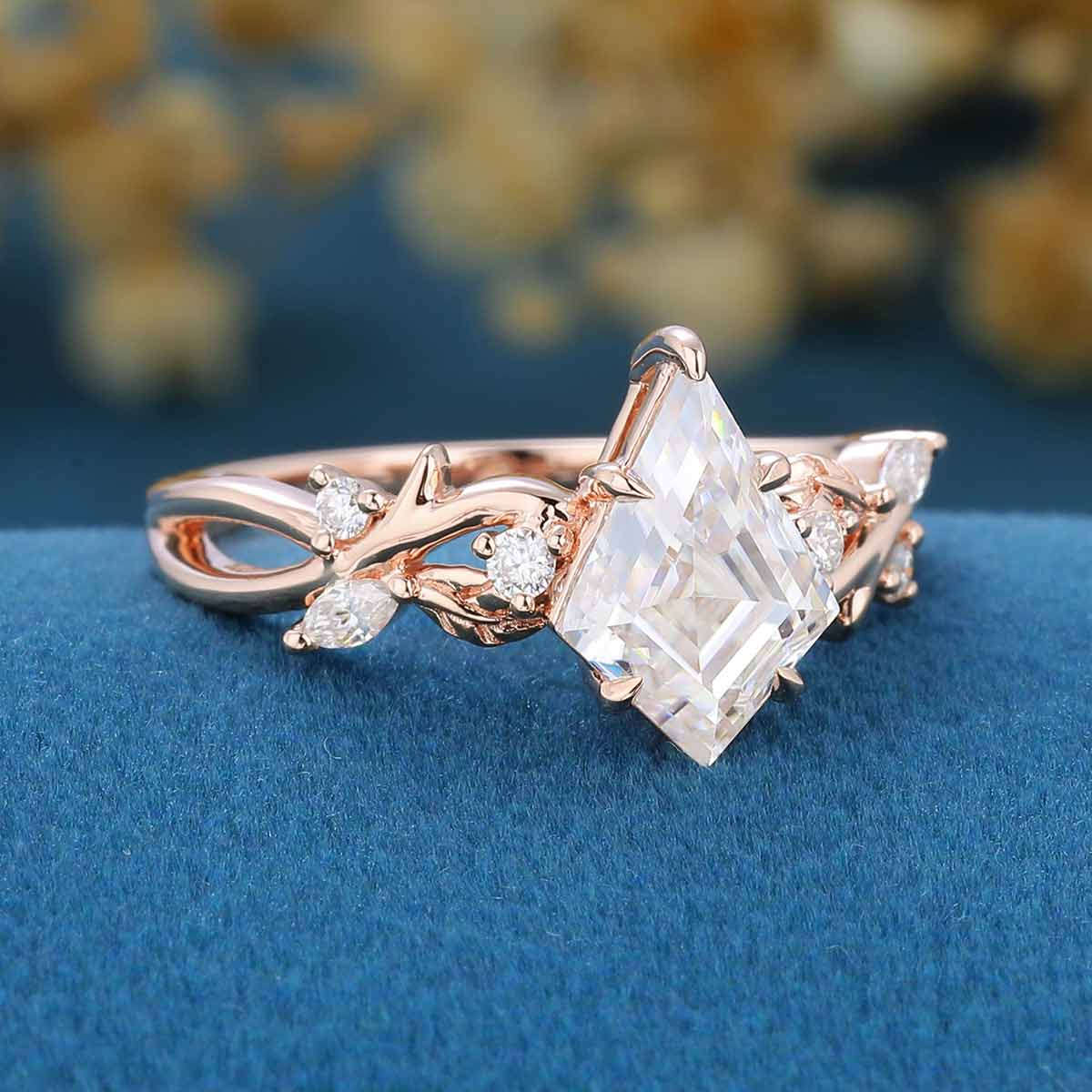 Nature inspired Kite cut Moissanite Engagement Ring leaf branch design