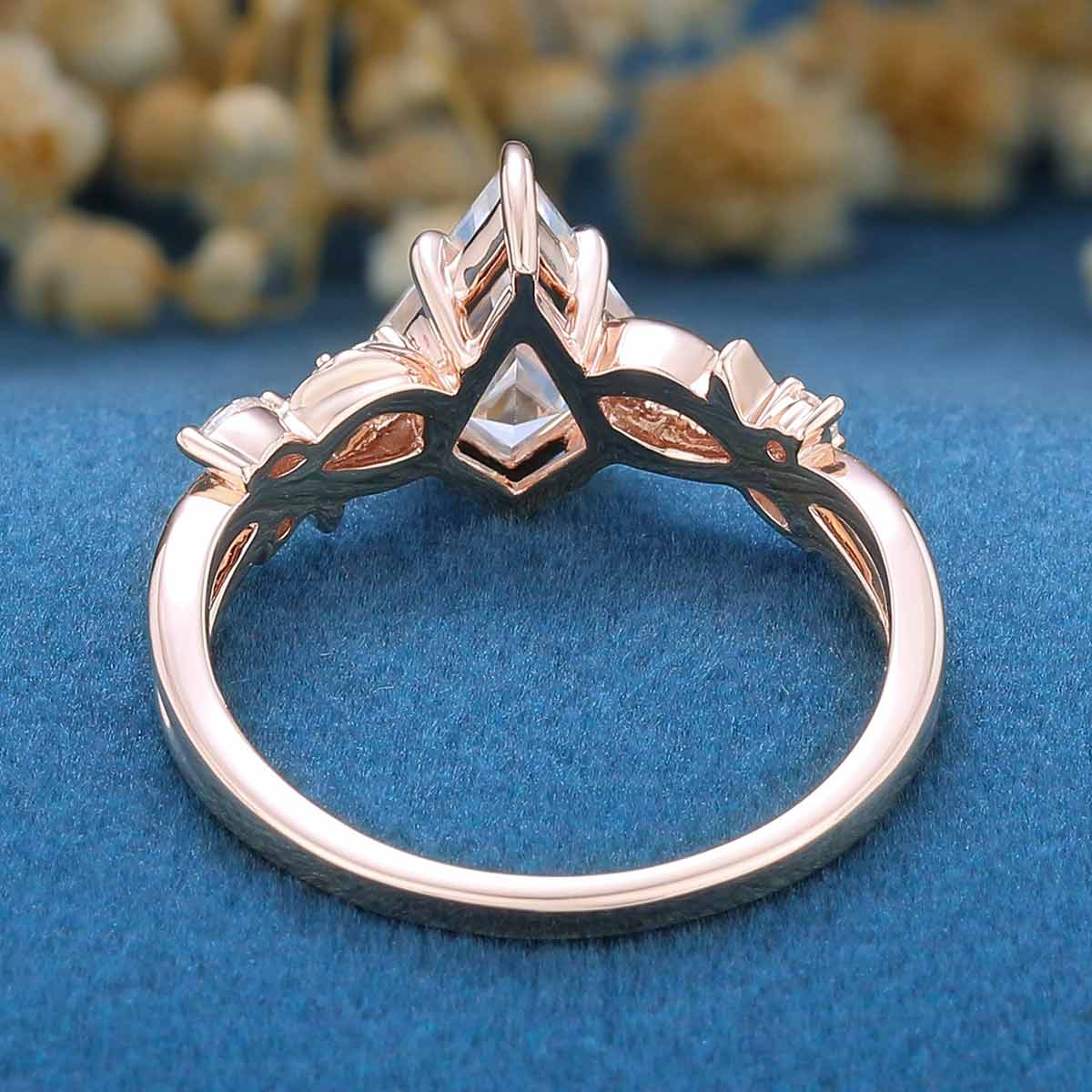 Nature inspired Kite cut Moissanite Engagement Ring leaf branch design