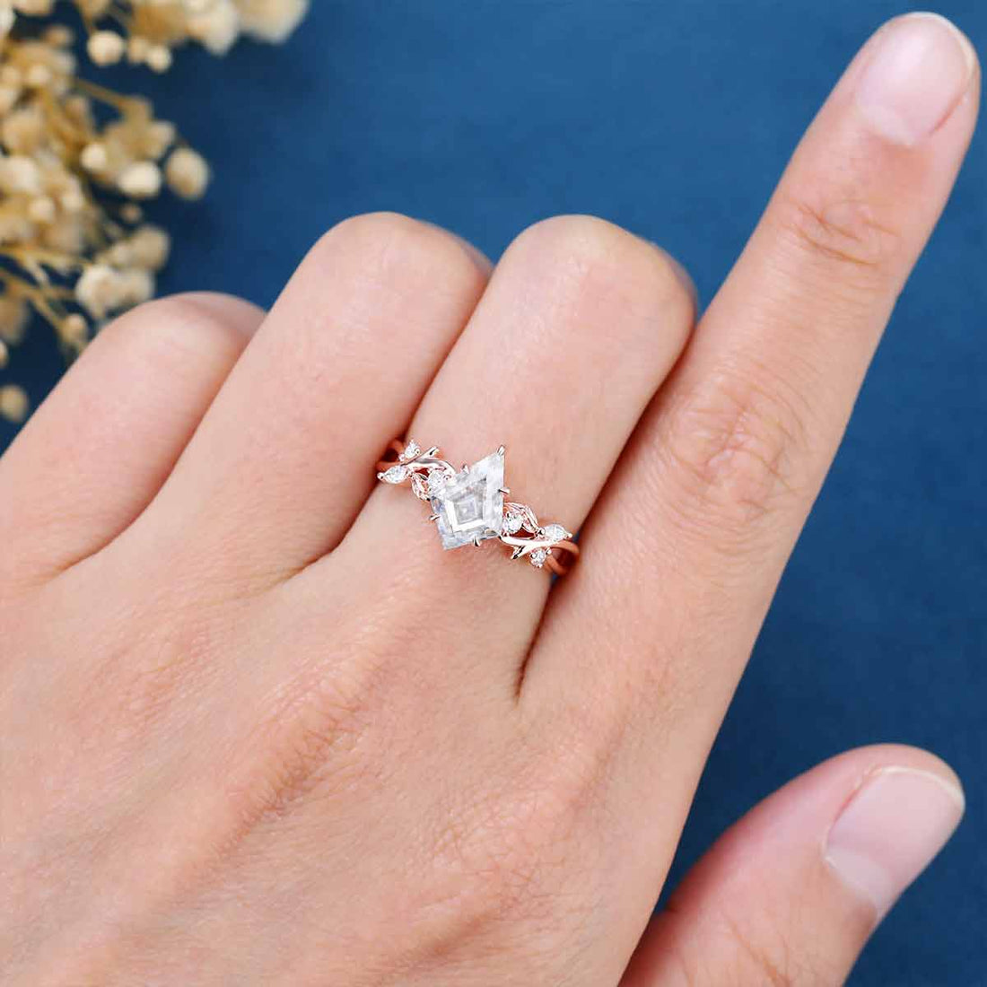 Nature inspired Kite cut Moissanite Engagement Ring leaf branch design