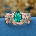Oval Cut Lab Emerald Engagement ring + Nature Inspired Moss agate Wedding Bridal Set