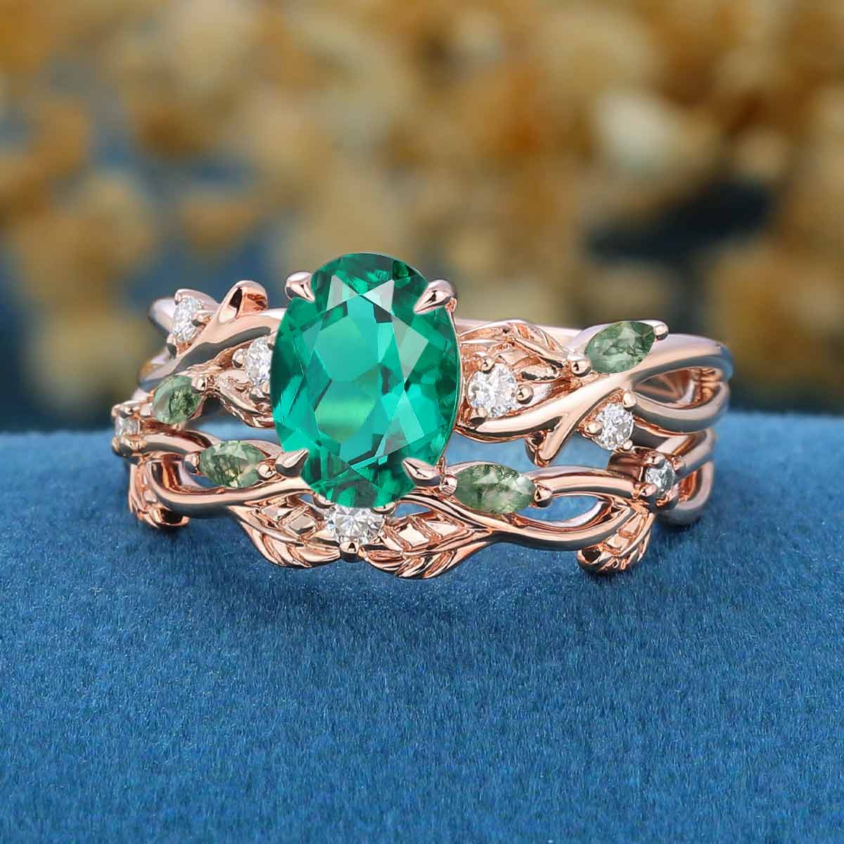 Oval Cut Lab Emerald Engagement ring + Nature Inspired Moss agate Wedding Bridal Set