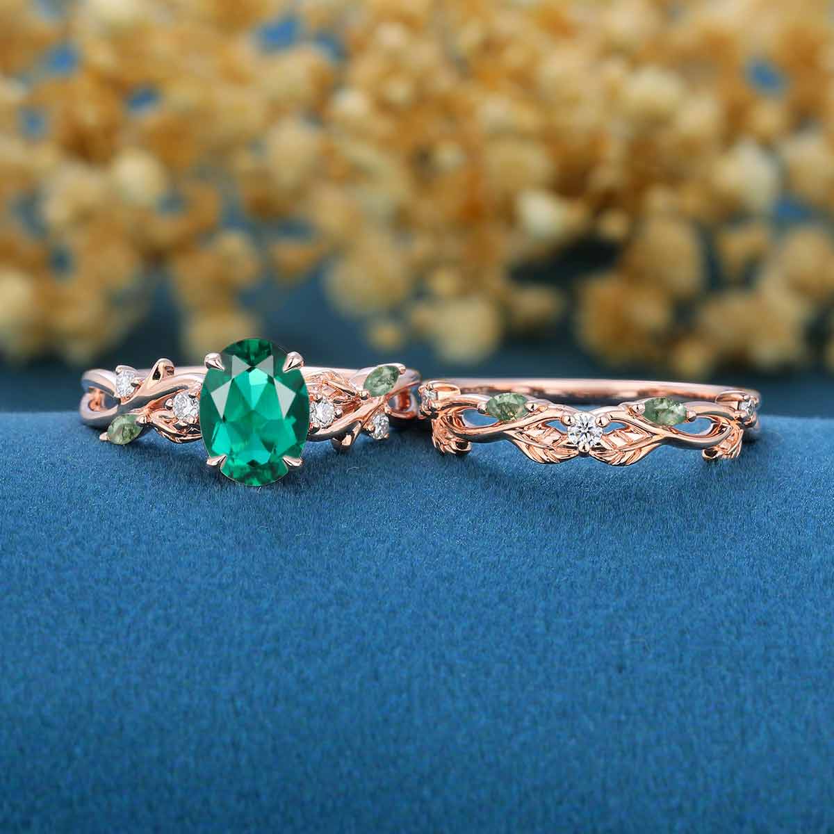 Oval Cut Lab Emerald Engagement ring + Nature Inspired Moss agate Wedding Bridal Set
