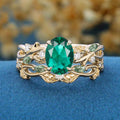Oval Cut Lab Emerald Engagement ring + Nature Inspired Moss agate Wedding Bridal Set
