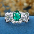 Oval Cut Lab Emerald Engagement ring + Nature Inspired Moss agate Wedding Bridal Set