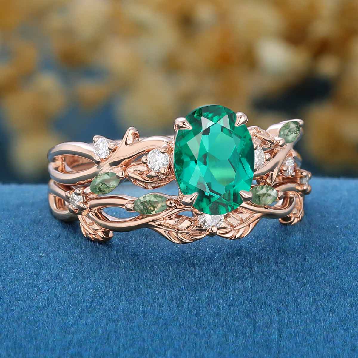 Oval Cut Lab Emerald Engagement ring + Nature Inspired Moss agate Wedding Bridal Set