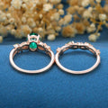Oval Cut Lab Emerald Engagement ring + Nature Inspired Moss agate Wedding Bridal Set