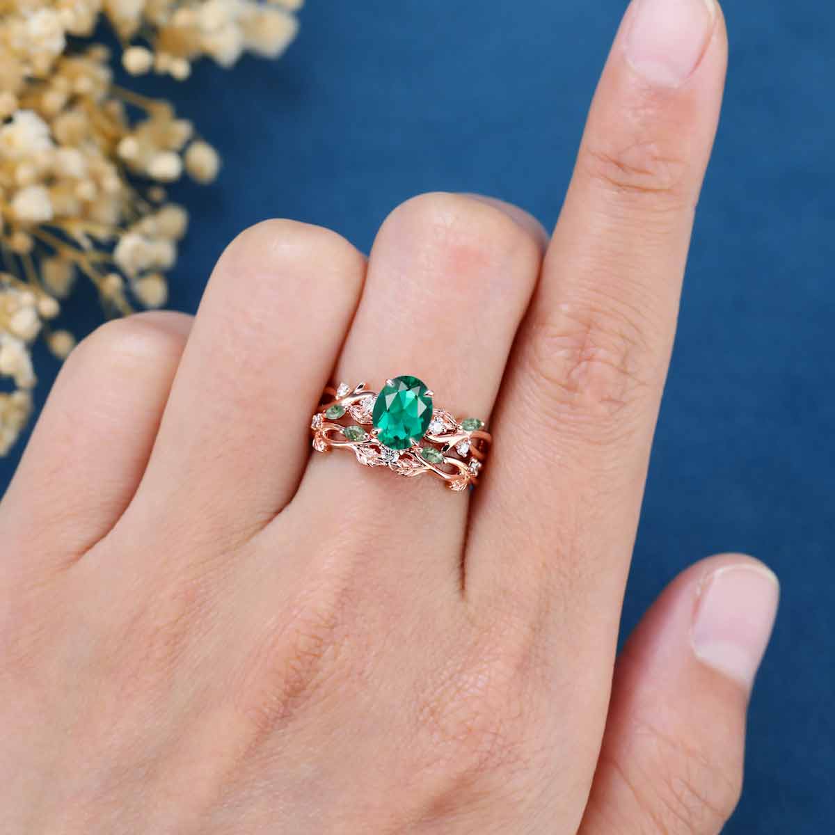 Oval Cut Lab Emerald Engagement ring + Nature Inspired Moss agate Wedding Bridal Set