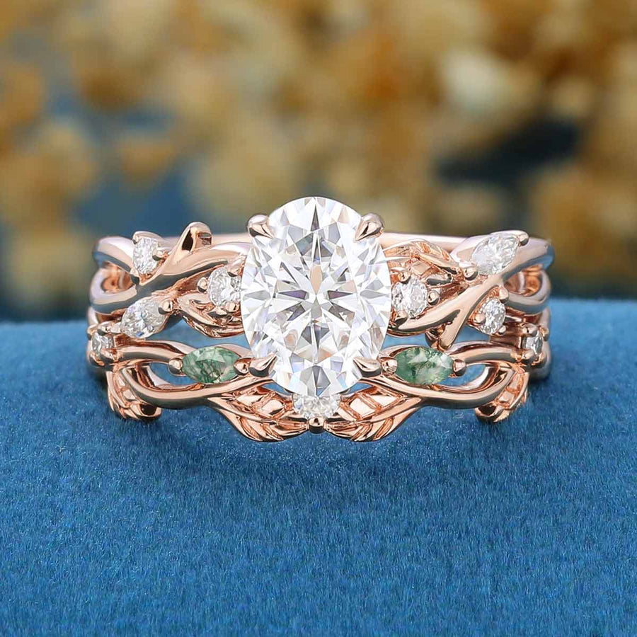 Oval Cut Moissanite Bridal Ring Set Nature Inspired Leaf Ring Set