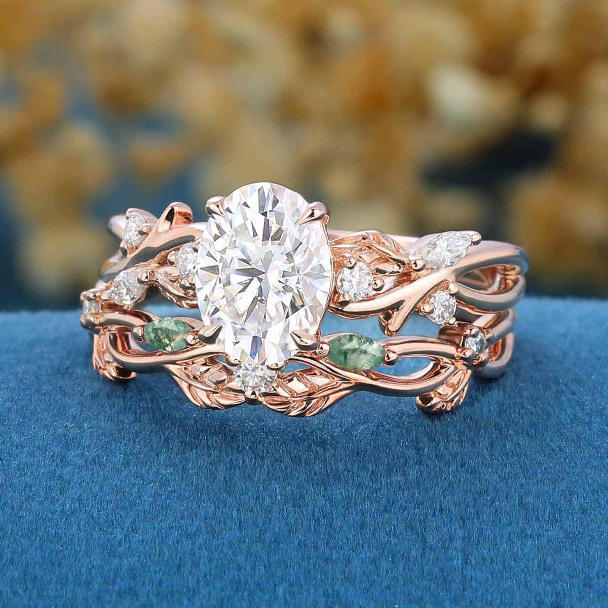 Oval Cut Moissanite Bridal Ring Set Nature Inspired Leaf Ring Set