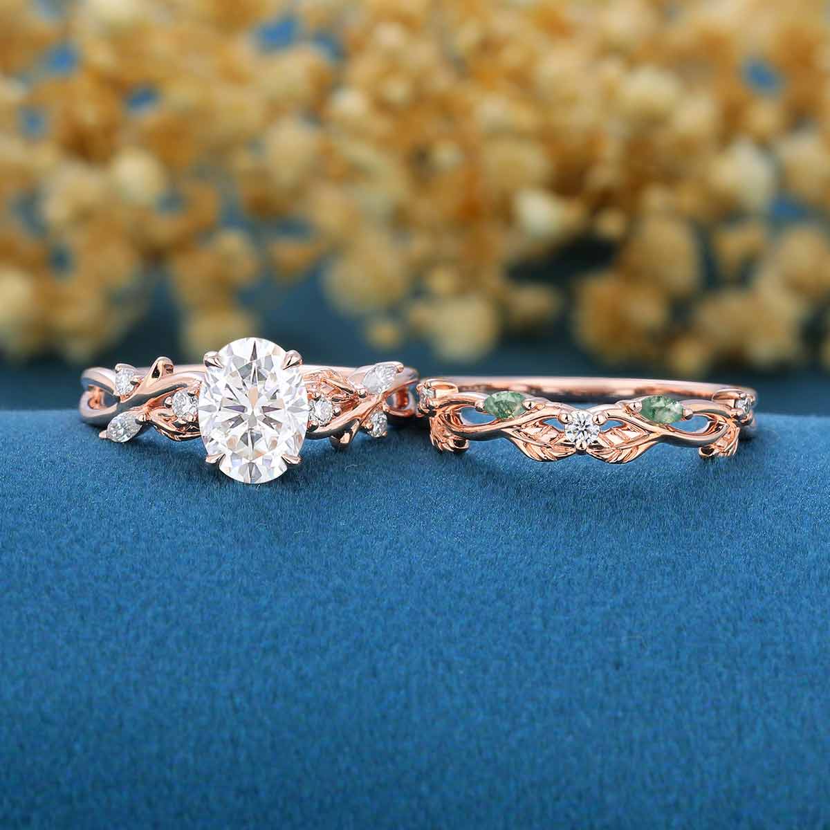 Oval Cut Moissanite Bridal Ring Set Nature Inspired Leaf Ring Set