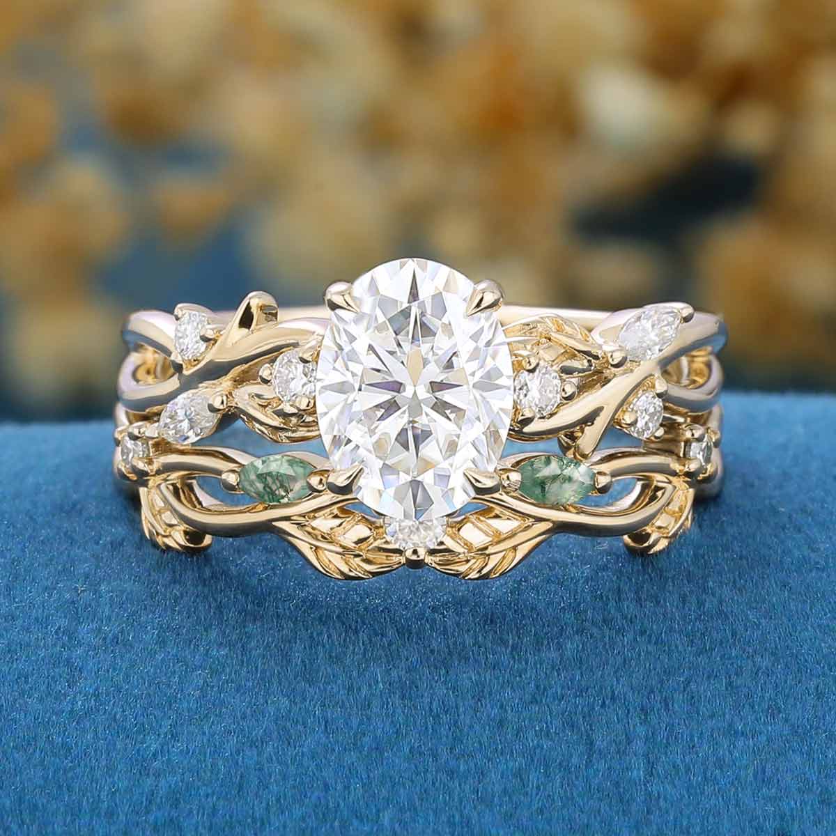 Oval Cut Moissanite Bridal Ring Set Nature Inspired Leaf Ring Set