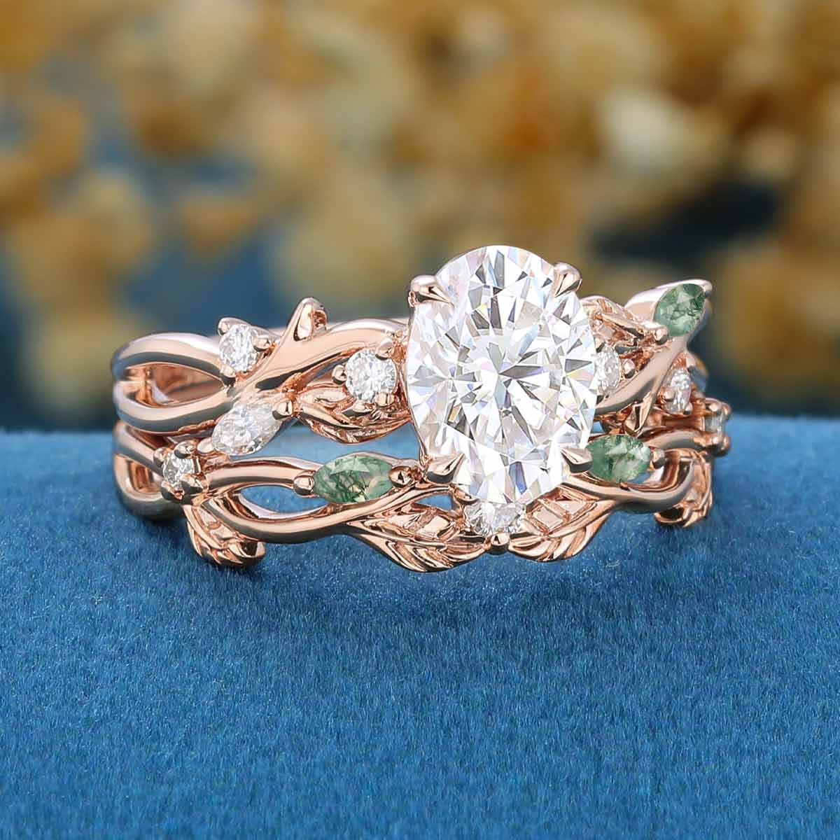 Oval Cut Moissanite Bridal Ring Set Nature Inspired Leaf Ring Set