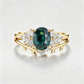 Oval Blue-Green Sapphire Cluster Engagement ring Bridal Set