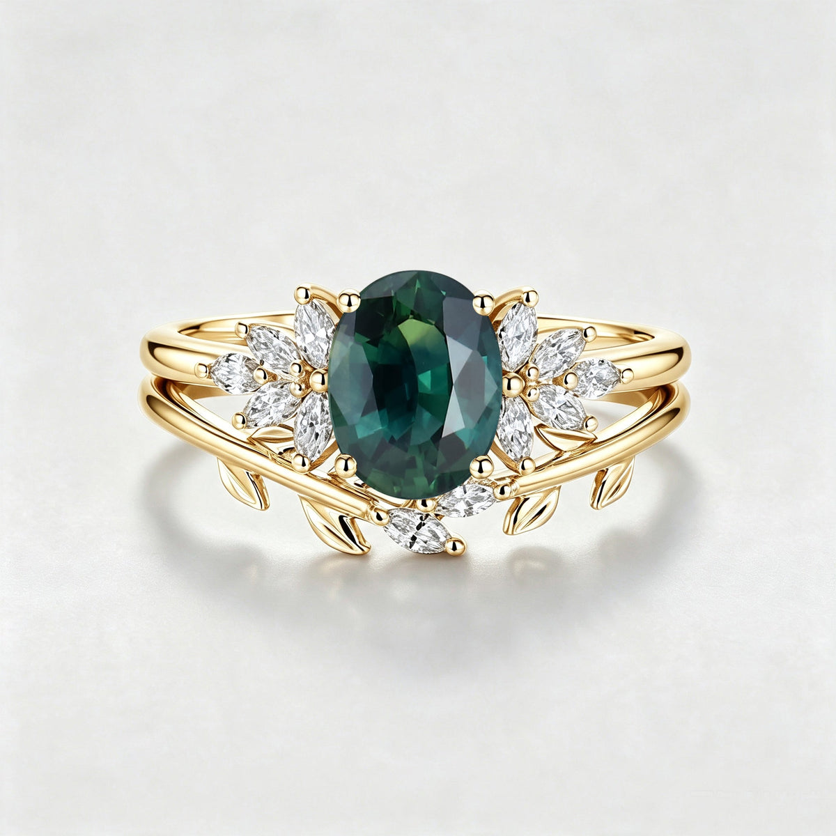 Oval Blue-Green Sapphire Cluster Engagement ring Bridal Set
