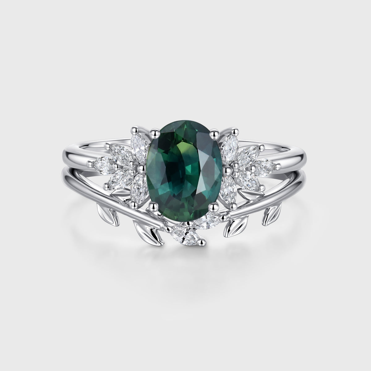 Oval Blue-Green Sapphire Cluster Engagement ring Bridal Set