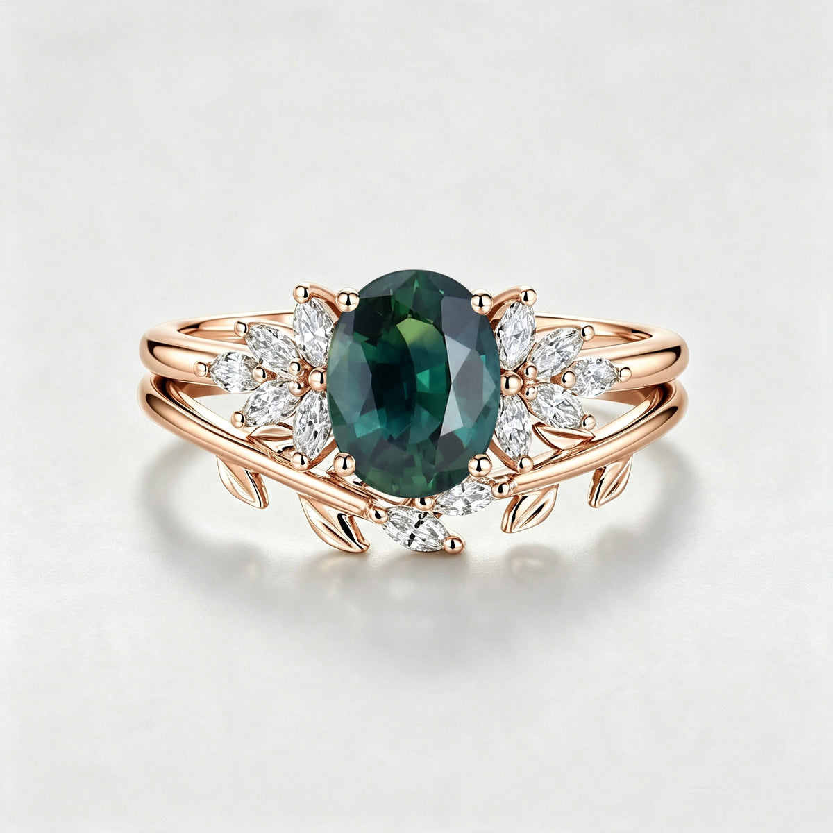 Oval Blue-Green Sapphire Cluster Engagement ring Bridal Set