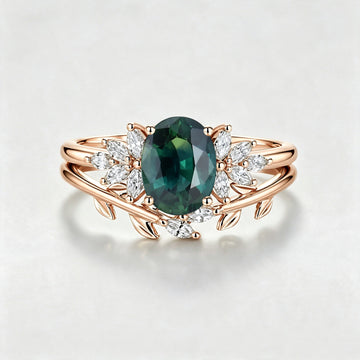 Oval Blue-Green Sapphire Cluster Engagement ring Bridal Set