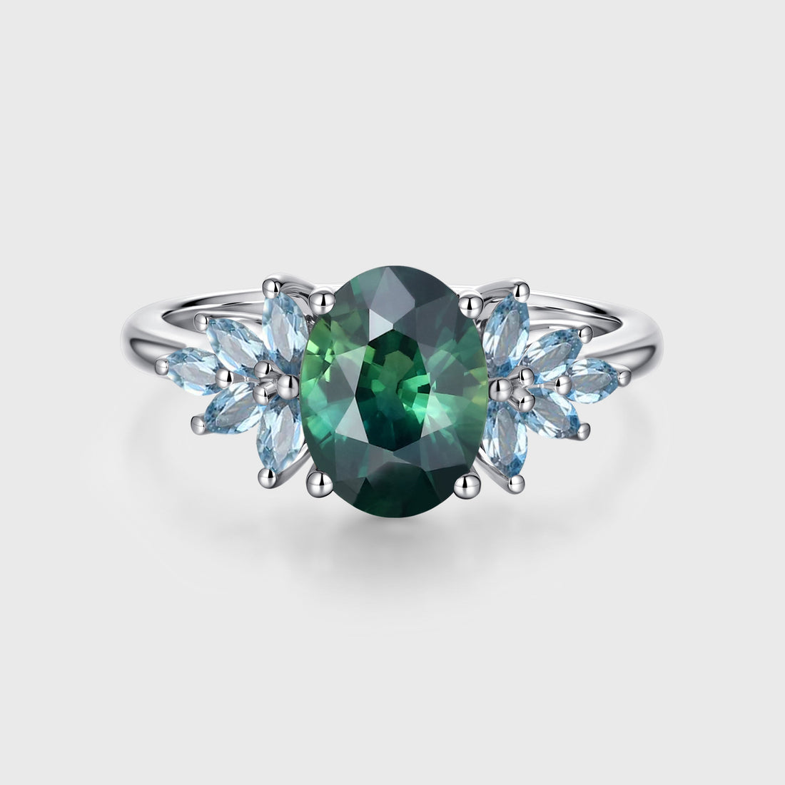 Oval Blue Green Sapphire Cluster Engagement Ring