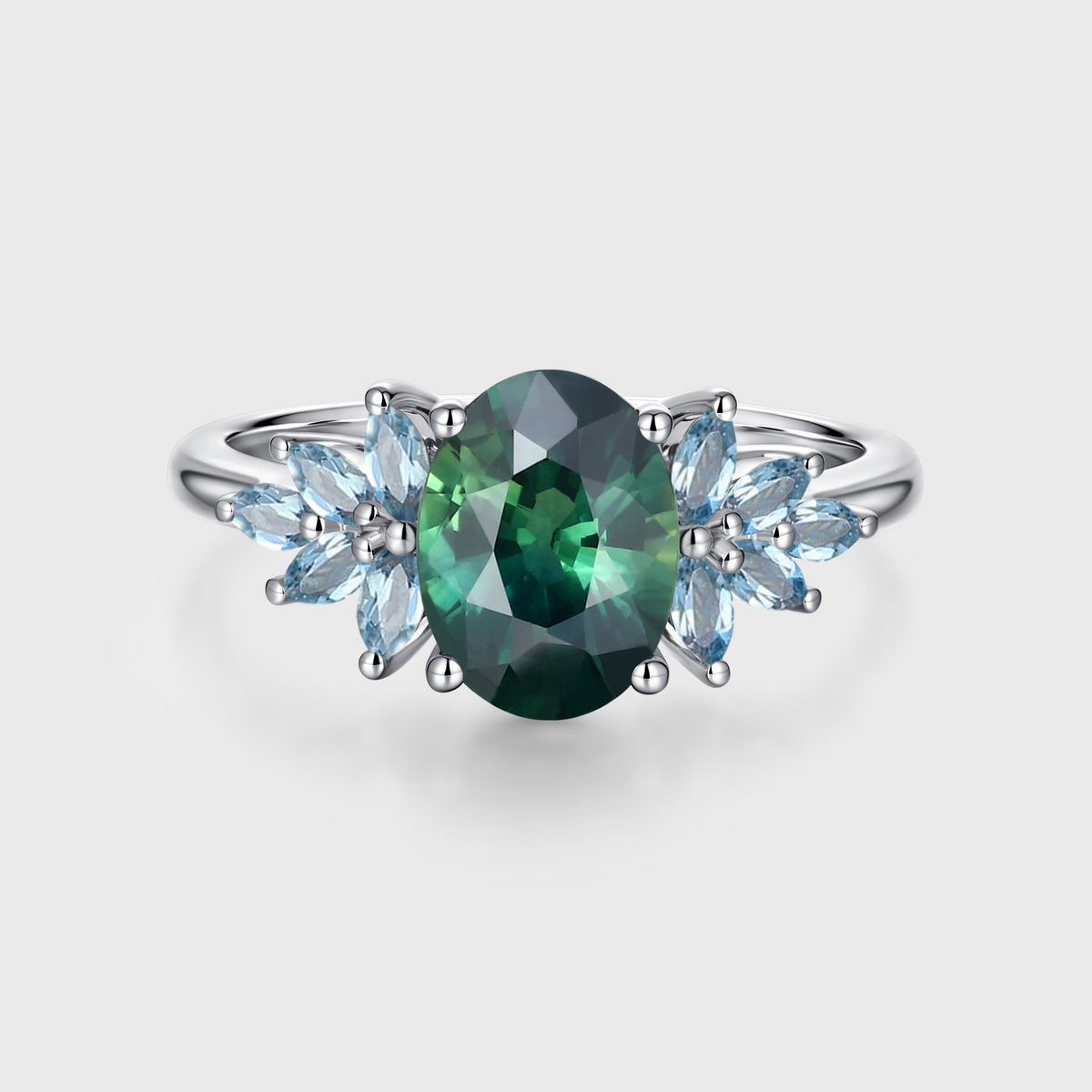Oval Blue Green Sapphire Cluster Engagement Ring