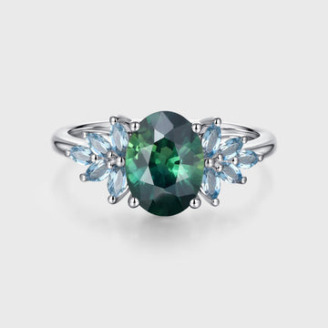 Oval Blue Green Sapphire Cluster Engagement Ring