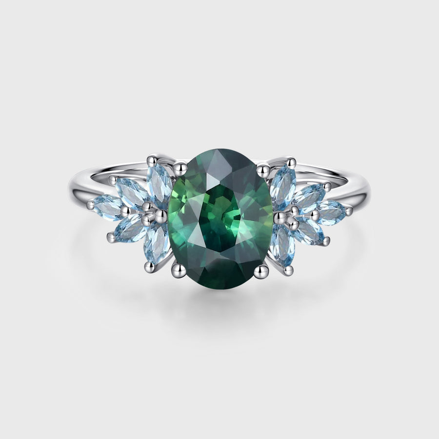 Oval Blue Green Sapphire Cluster Engagement Ring