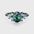 Oval Blue Green Sapphire Cluster Engagement Ring
