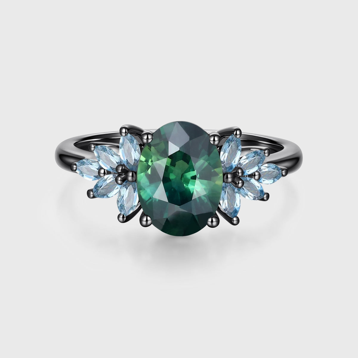 Oval Blue Green Sapphire Cluster Engagement Ring