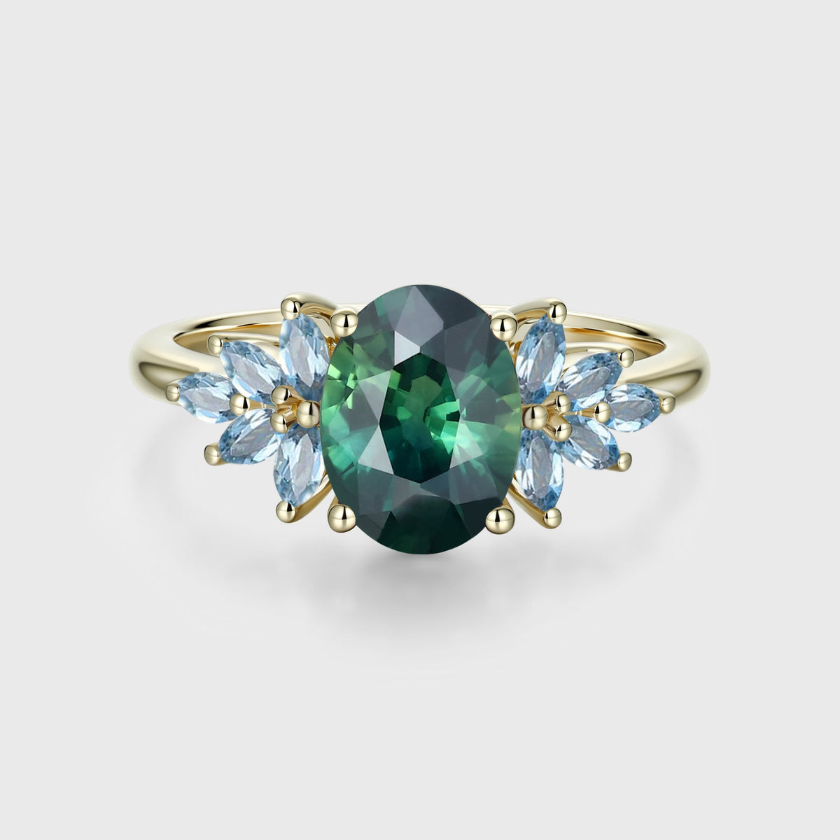 Oval Blue Green Sapphire Cluster Engagement Ring