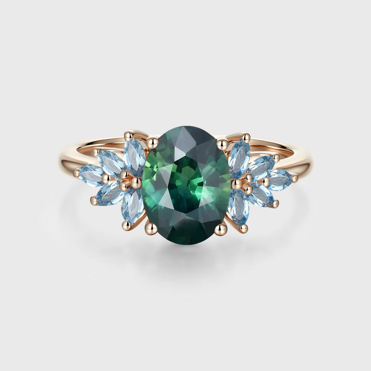Oval Blue Green Sapphire Cluster Engagement Ring
