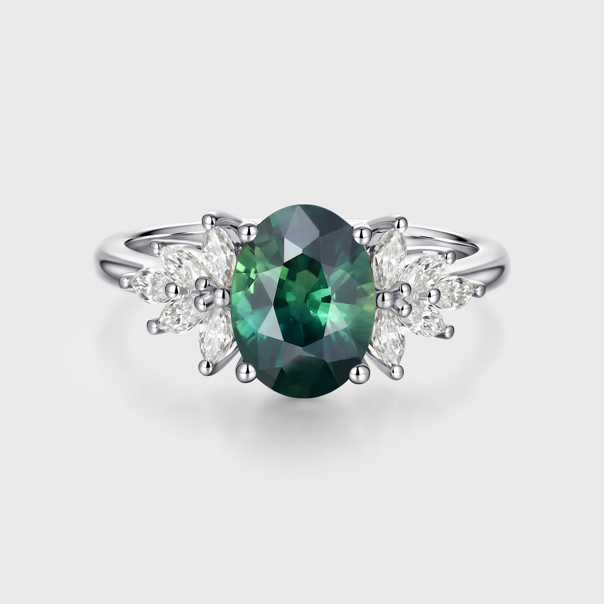 Oval Blue Green Sapphire Cluster Engagement ring