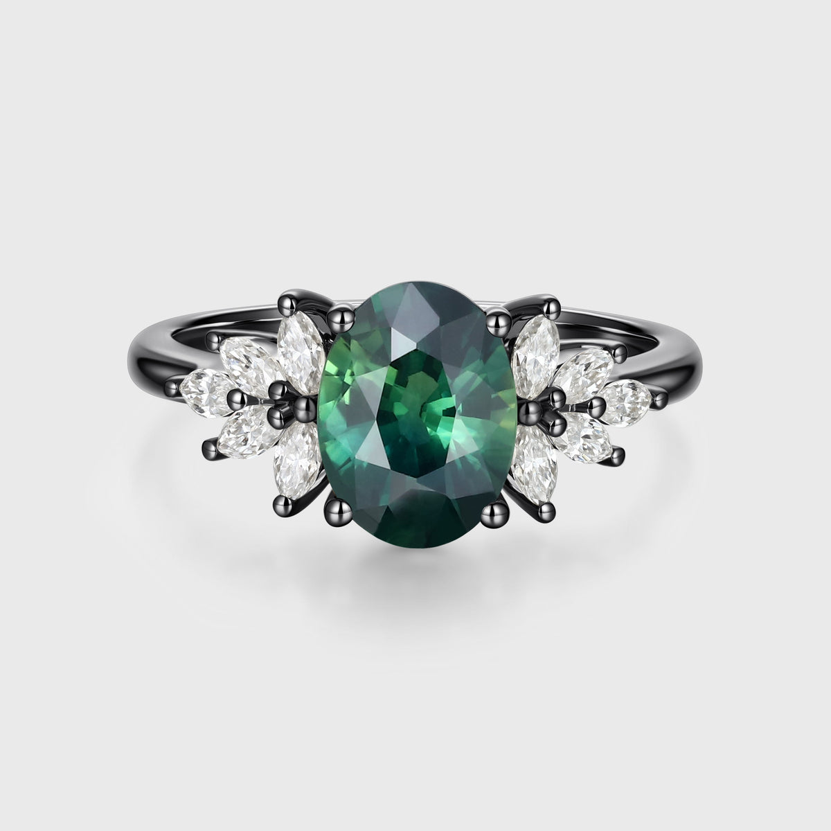 Oval Blue Green Sapphire Cluster Engagement ring