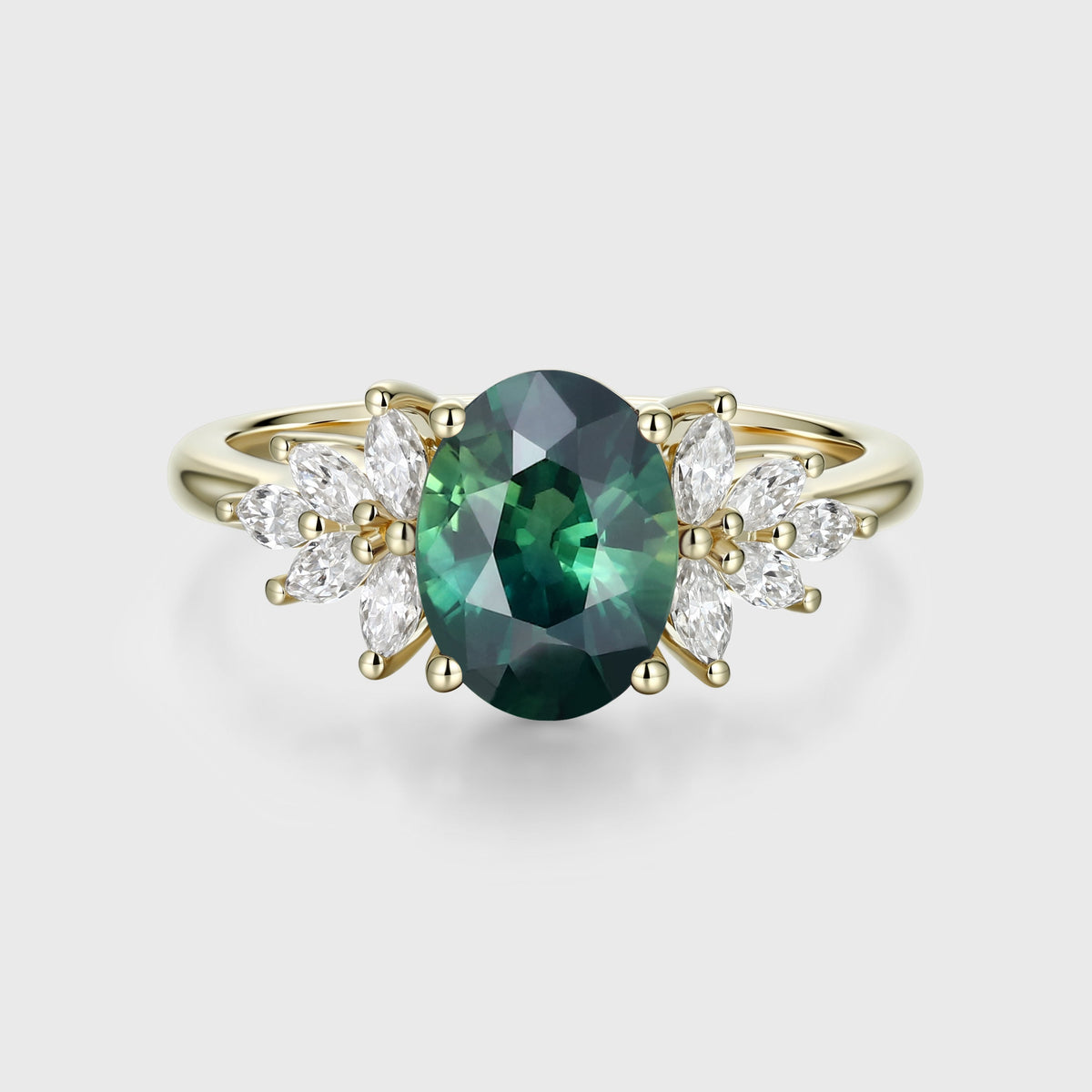 Oval Blue Green Sapphire Cluster Engagement ring