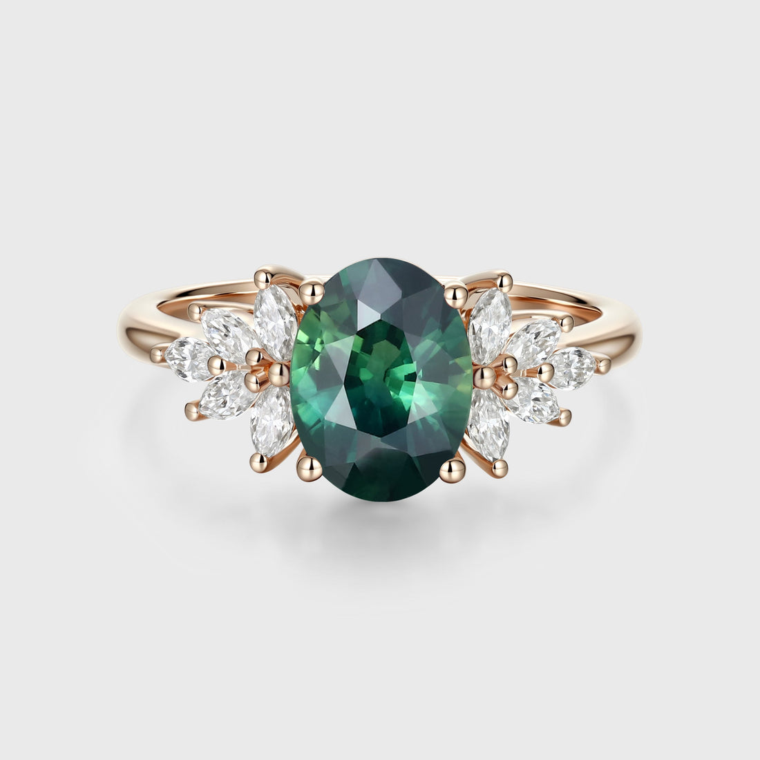 Oval Blue Green Sapphire Cluster Engagement ring