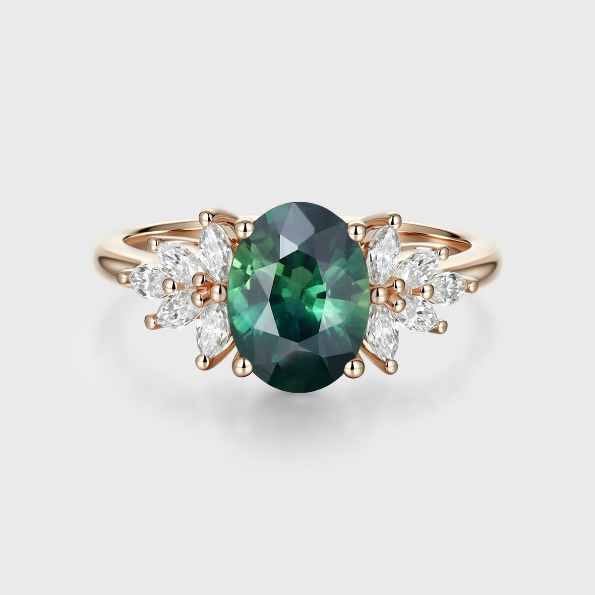 Oval Blue Green Sapphire Cluster Engagement ring