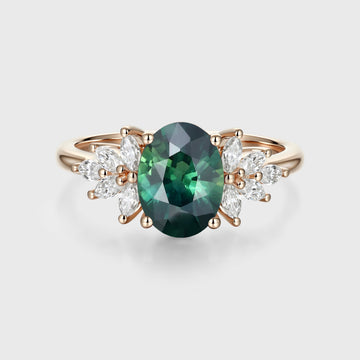 Oval Blue Green Sapphire Cluster Engagement ring