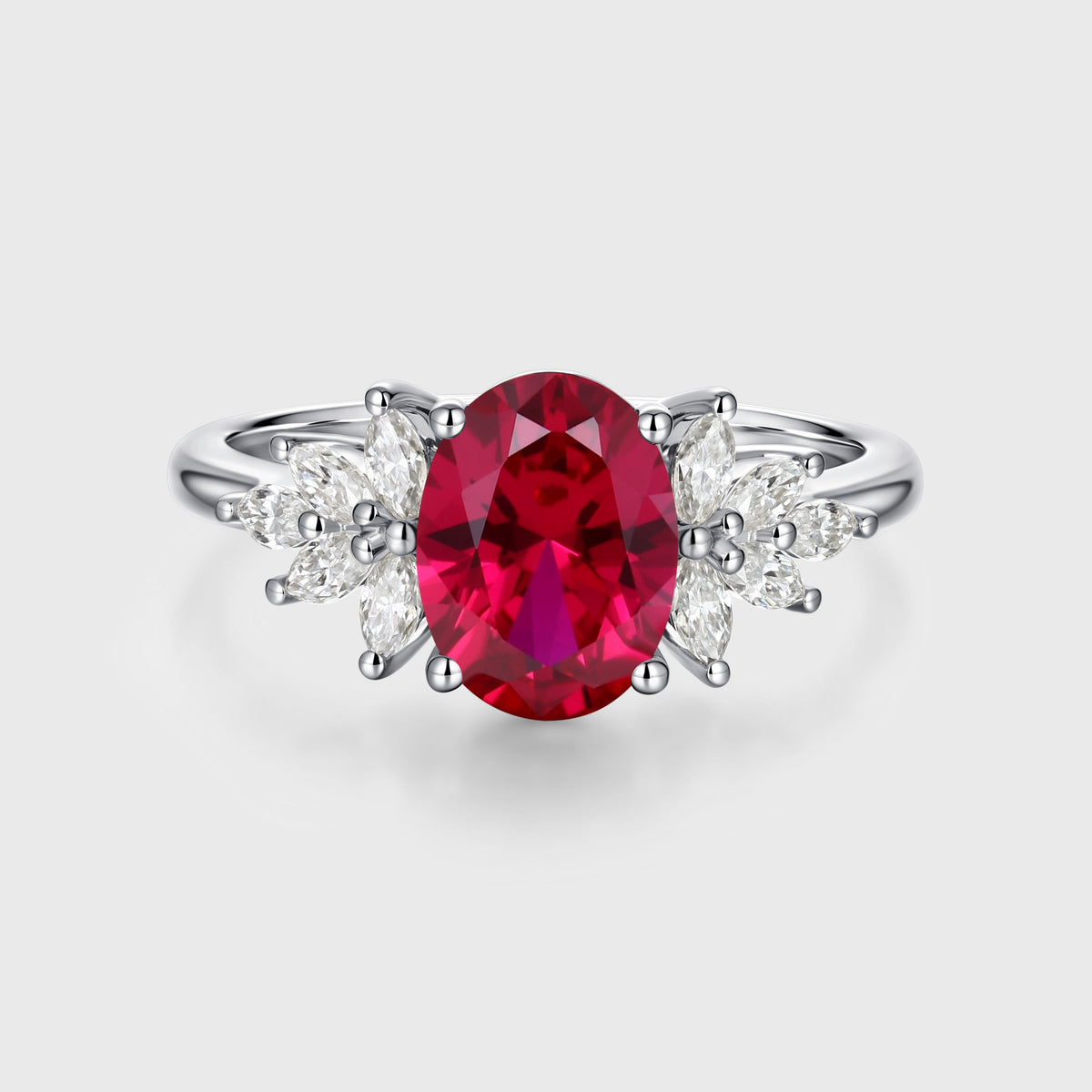 Oval cut Lab Ruby Cluster Engagement Ring