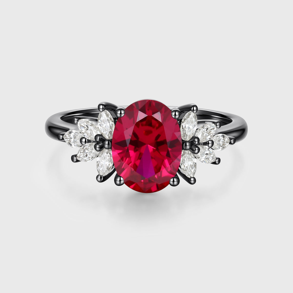 Oval cut Lab Ruby Cluster Engagement Ring