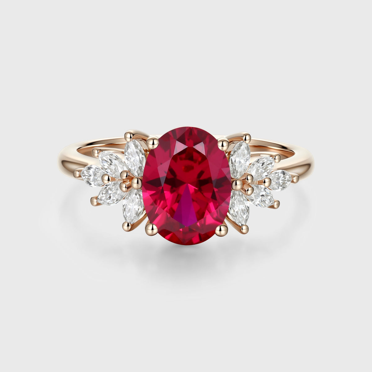 Oval cut Lab Ruby Cluster Engagement Ring