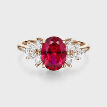 Oval cut Lab Ruby Cluster Engagement Ring