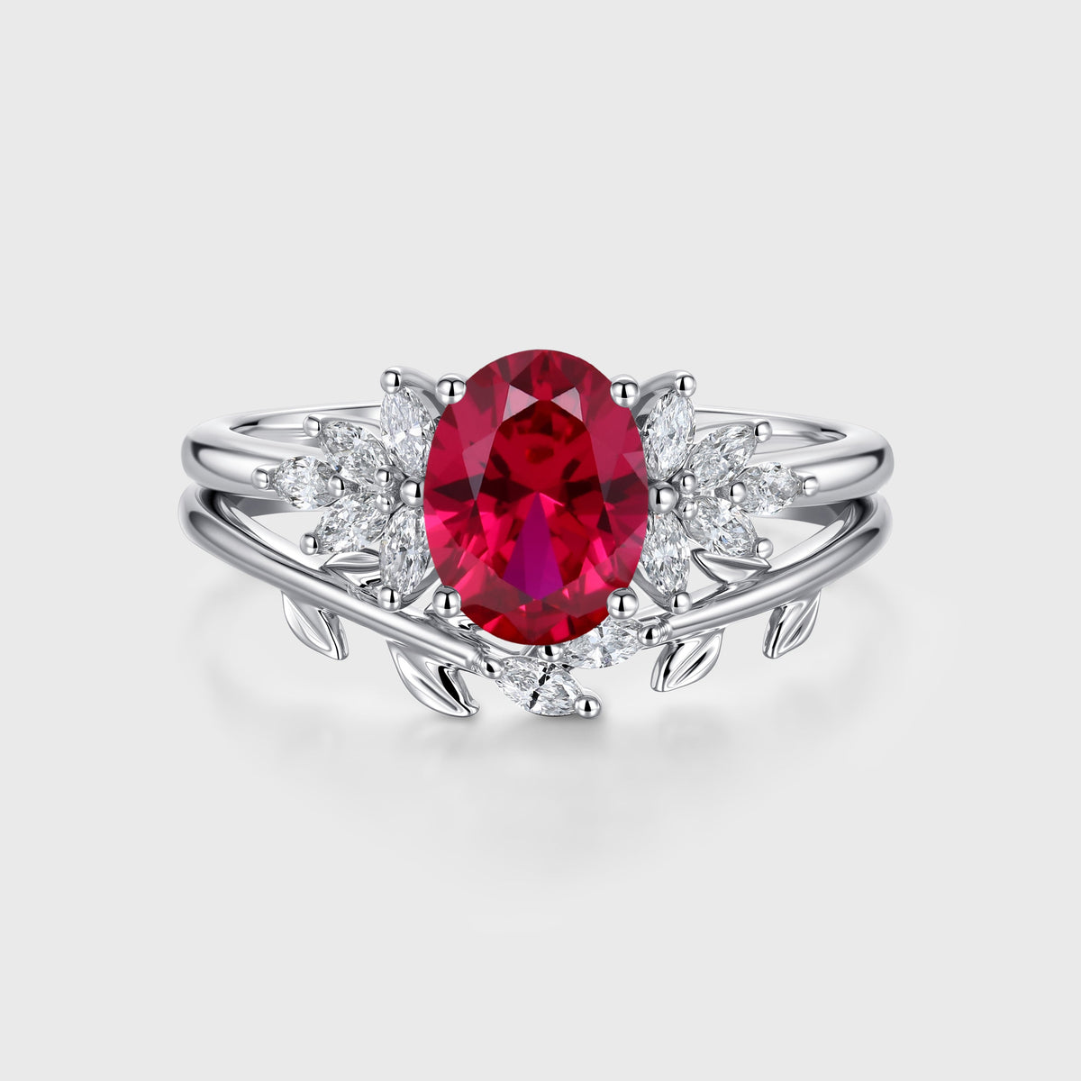 Oval cut Lab Ruby Cluster Engagement ring Bridal Set