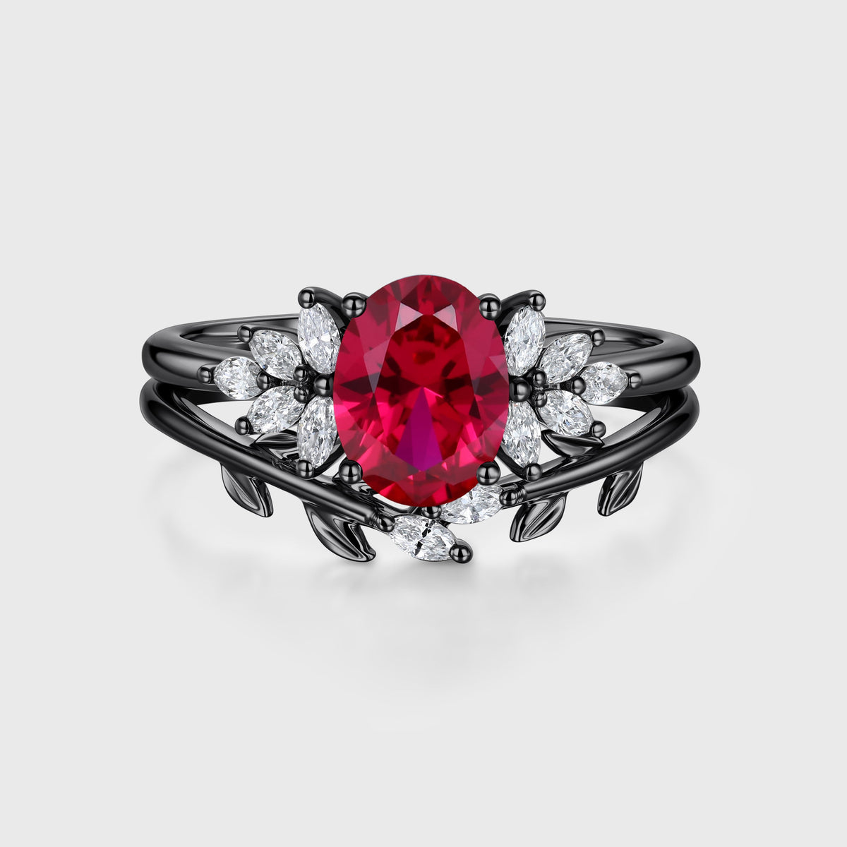 Oval cut Lab Ruby Cluster Engagement ring Bridal Set