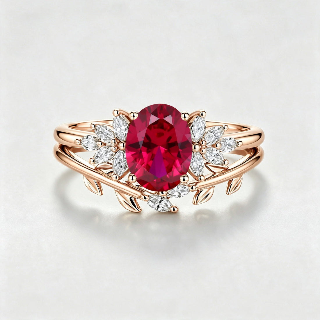 Oval cut Lab Ruby Cluster Engagement ring Bridal Set
