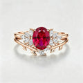 Oval cut Lab Ruby Cluster Engagement ring Bridal Set