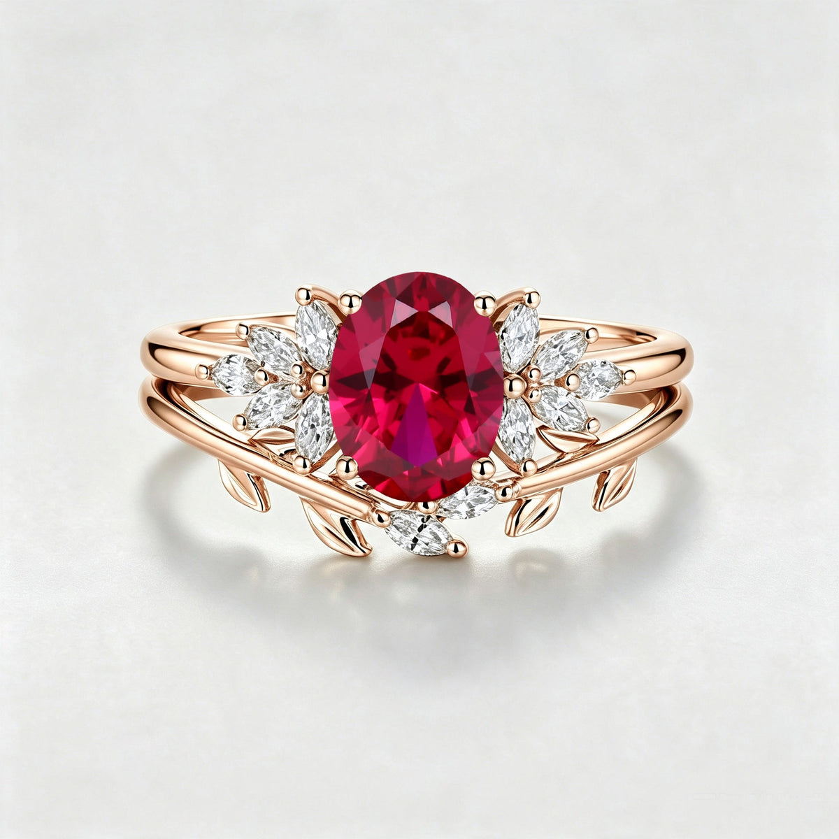 Oval cut Lab Ruby Cluster Engagement ring Bridal Set