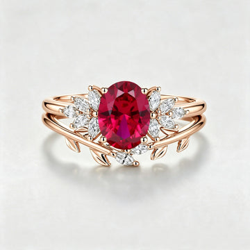 Oval cut Lab Ruby Cluster Engagement ring Bridal Set
