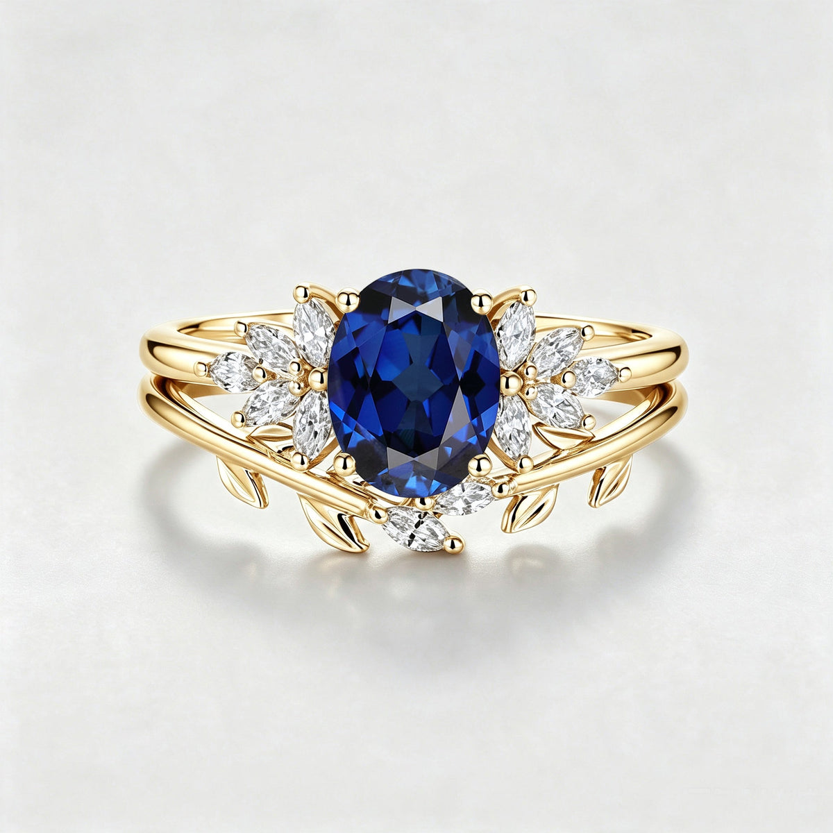 Oval cut Lab Sapphire Engagement ring Bridal Set