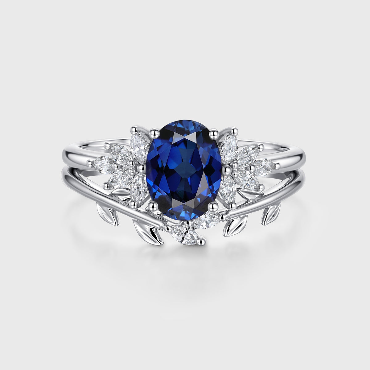 Oval cut Lab Sapphire Engagement ring Bridal Set