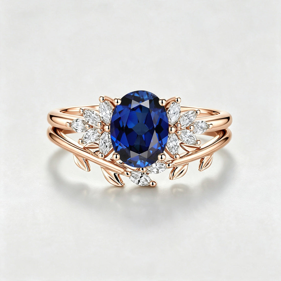 Oval cut Lab Sapphire Engagement ring Bridal Set